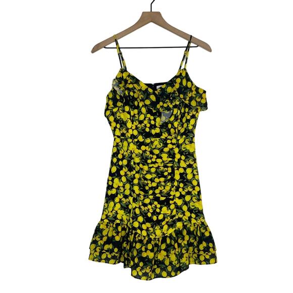 Parker Lemon Print Ruched Mini Dress Size 2 Yellow Summer Bright Preppy - Picture 2 of 9